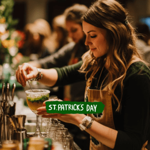"A lively St. Paddy’s Cocktail Class at 786 Bartend, The Bartenders Institute in Miami, Florida, with participants crafting festive Irish-themed cocktails led by an expert bartender."