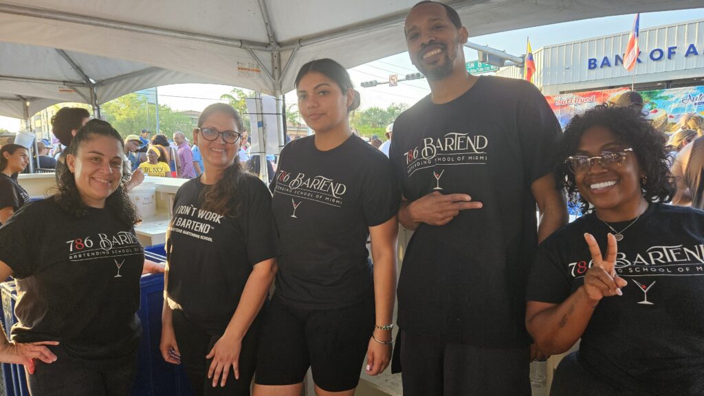 Group of bartending students at Calle Ocho festival in Little Havana